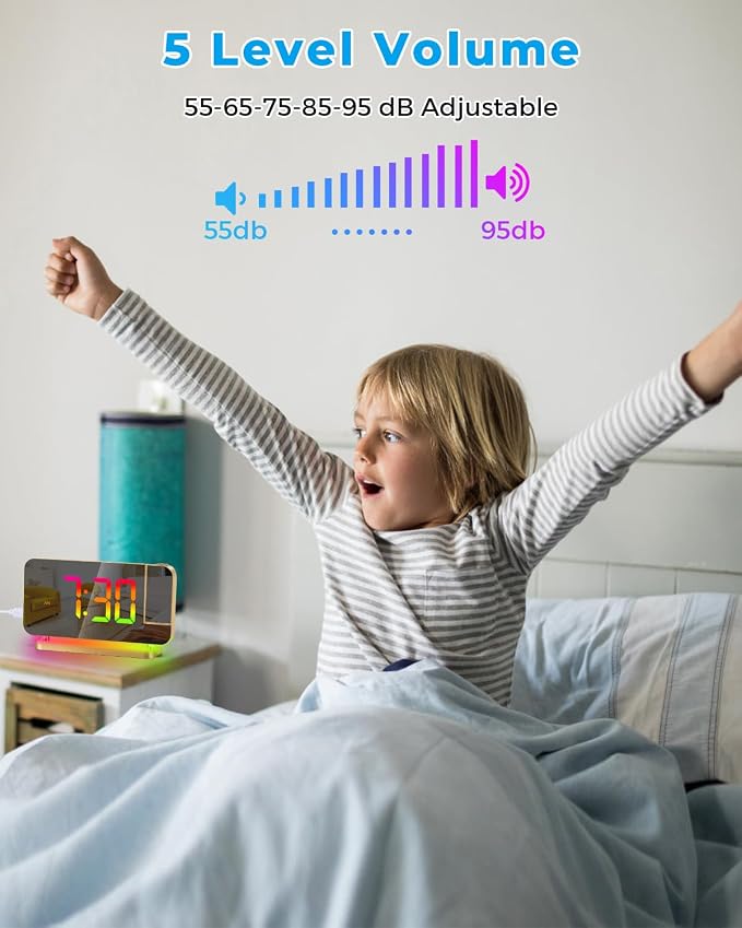 SZELAM Projection Alarm Clock, 7.4 in Digital Mirror Clocks,with 180° Rotatable Projector, RGB Night Light,USB C Charger Port, Auto Dimmer, LED Desk Clock for Bedroom
