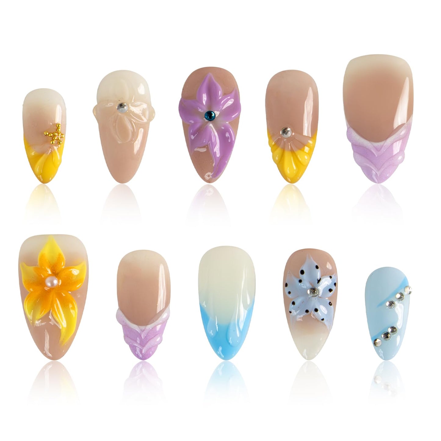 Handmade Press on Nails Summer Sea 3D Ocean Shell False Nails for Girls Reusable Beach Design Medium Almond Stick on Nails Floral Acrylic Fake Nails for Vacation