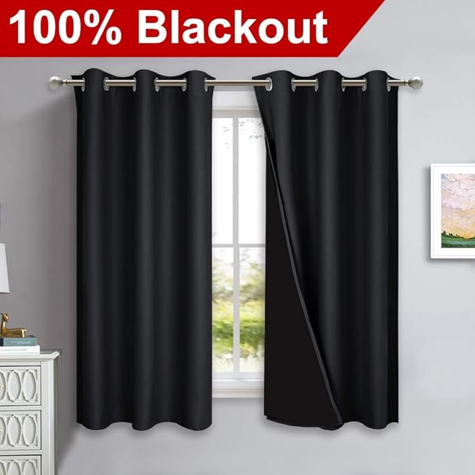 NICETOWN Complete 100% Blackout Curtain Set, Thermal Insulated & Energy Efficiency Window Draperies with Black Liner, Noise Reducing Short Curtains for Kids Room (Black, 42"W by 63"L, Double Panels)
