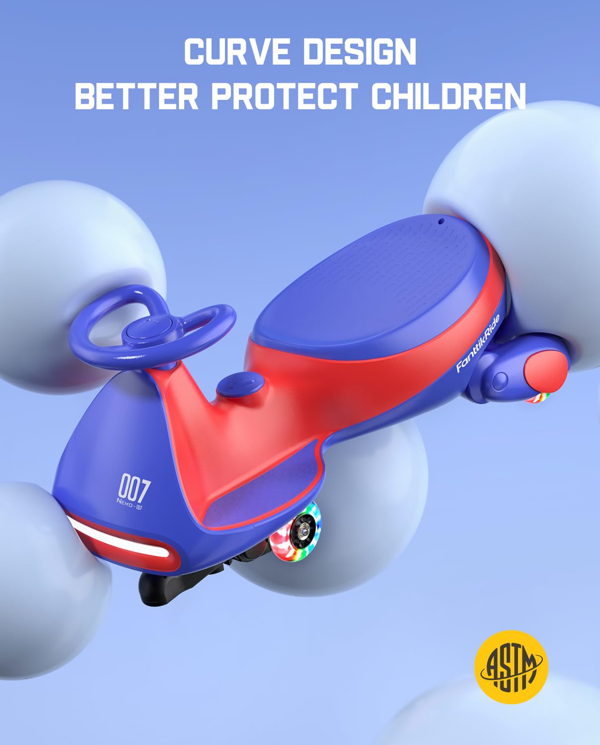 FanttikRide N7 Pro Electric Wiggle Car with Pedal, Rechargeable Battery, CyberWiggle, 2 in 1 Swing Car, 2 Speeds Max 4 Mph, Anti-Rollover, Flashing Wheels, Bluetooth, Ages 3+, 150 Lbs, Blue