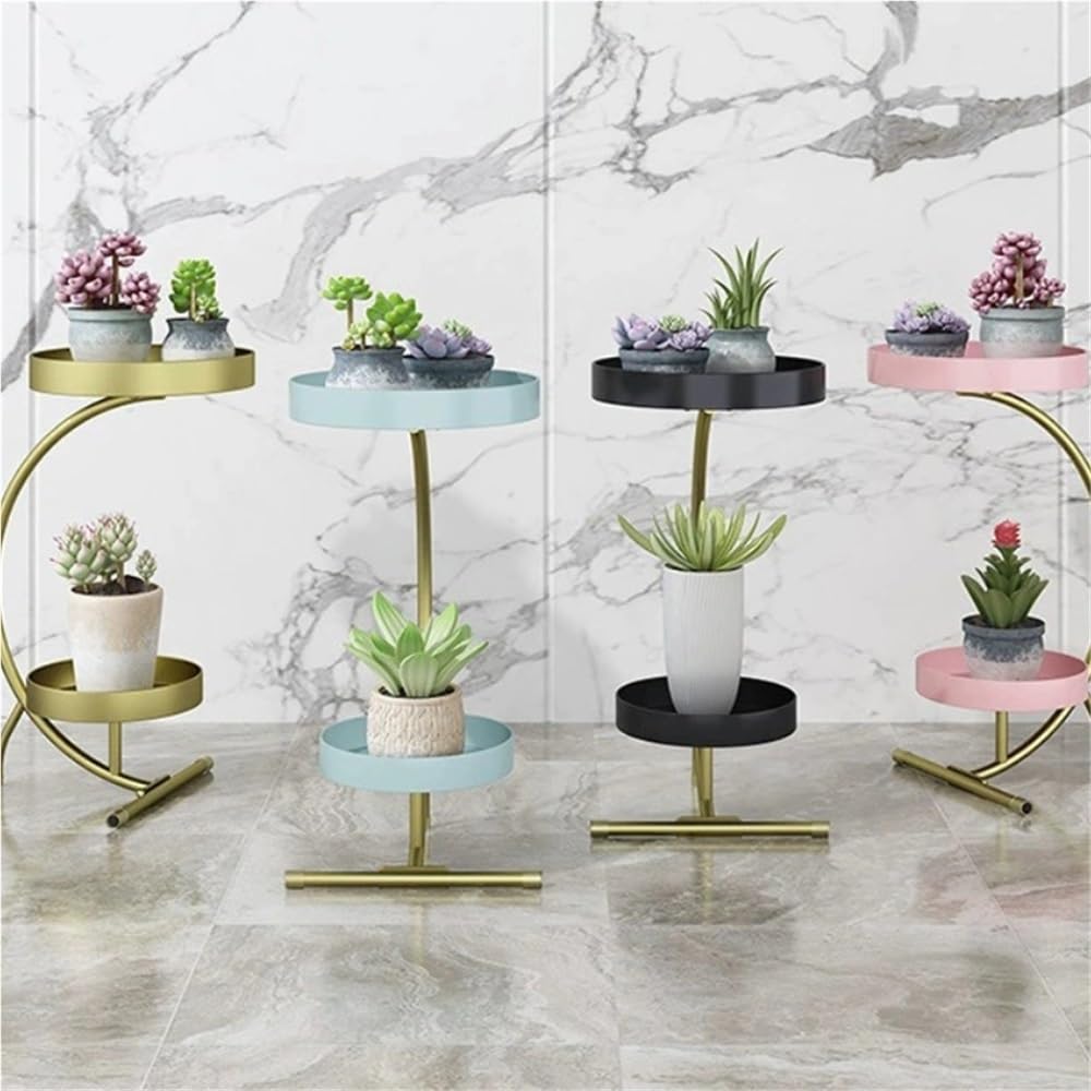 VyhPJg Modern Double-Layer Tray Flower Stand, Floor-Standing Flower Pot Rack, Metal Storage Rack, Suitable for Living Room, Indoor TV Side, Balcony(Pink)