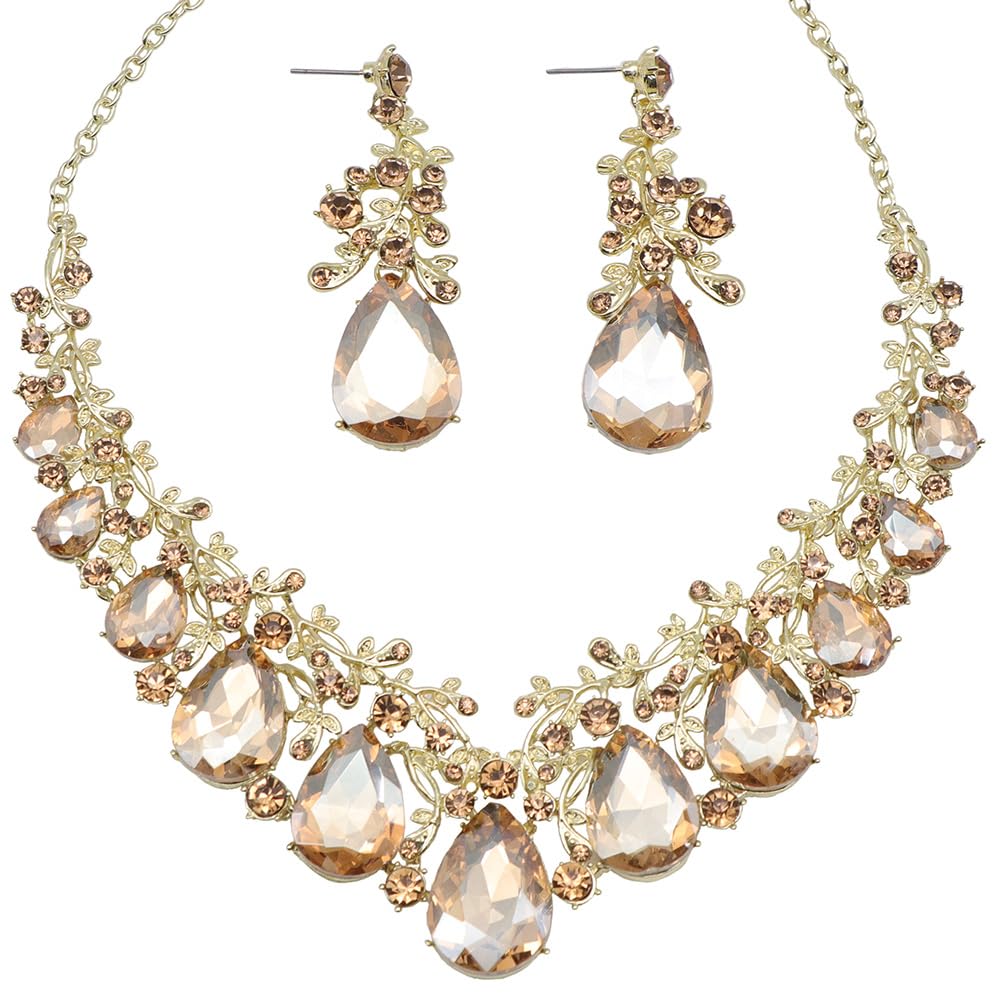 Qlavoca Vintage Crystal Teardrop Necklace Earrings Set - Gothic Statement Jewelry for Wedding Bridal Prom Party(Champagne)