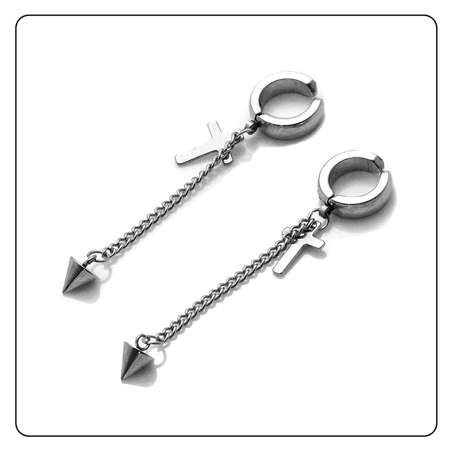 Fusamk Punk Rock Stainless Steel Cross Ear Clip Earrings Long Chain Drop Dangle Earrings(Silver)