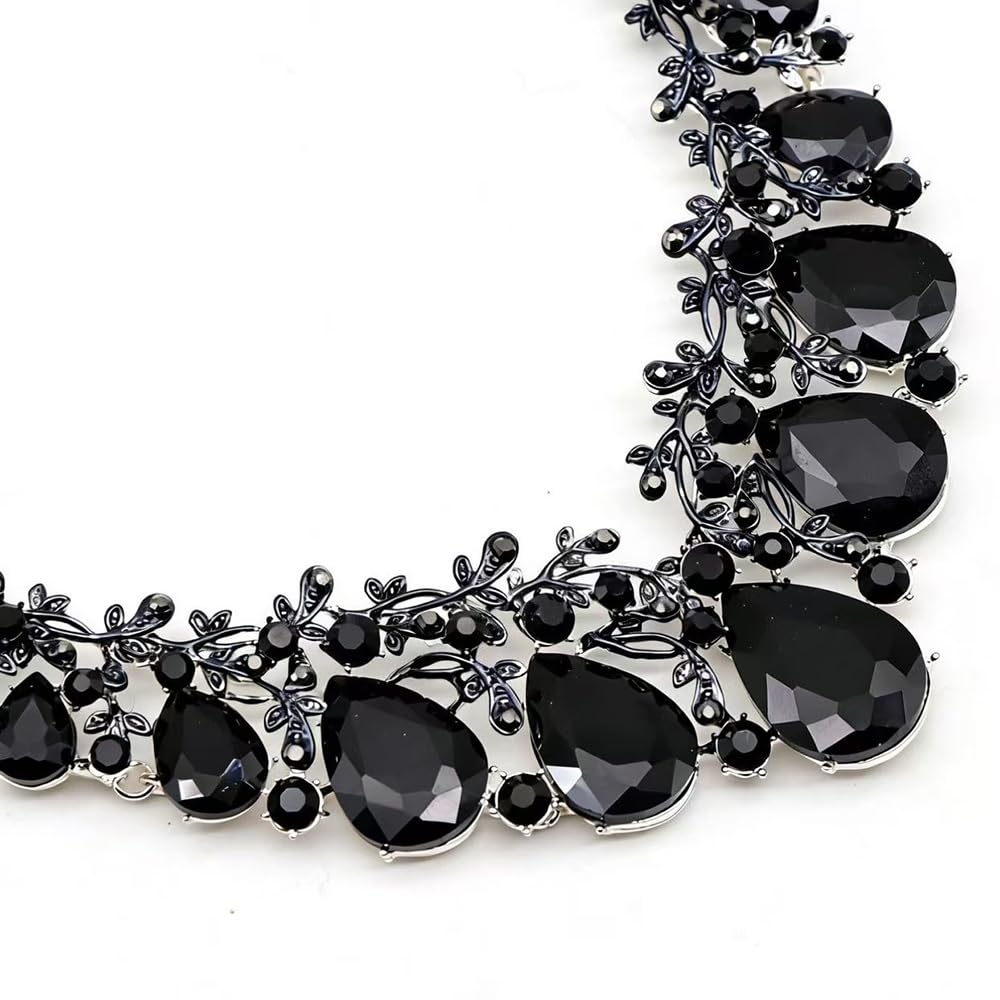 Qlavoca Vintage Crystal Teardrop Necklace Earrings Set - Gothic Statement Jewelry for Wedding Bridal Prom Party (Black Silver-Tone)