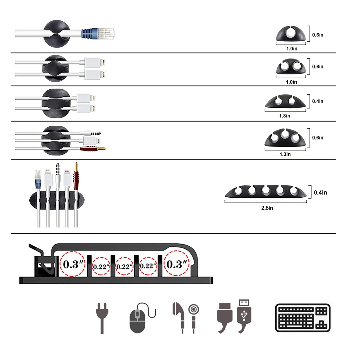 ELII 300PCS Cable Management Kit,4 Cable Sleeve 35 Cable Clips with 11Cord Holders,20 Roll Cable Organizer Straps and 200 Fastening Cable Ties,20 Cable Zip Tie Mounts for Computer TV Under Desk