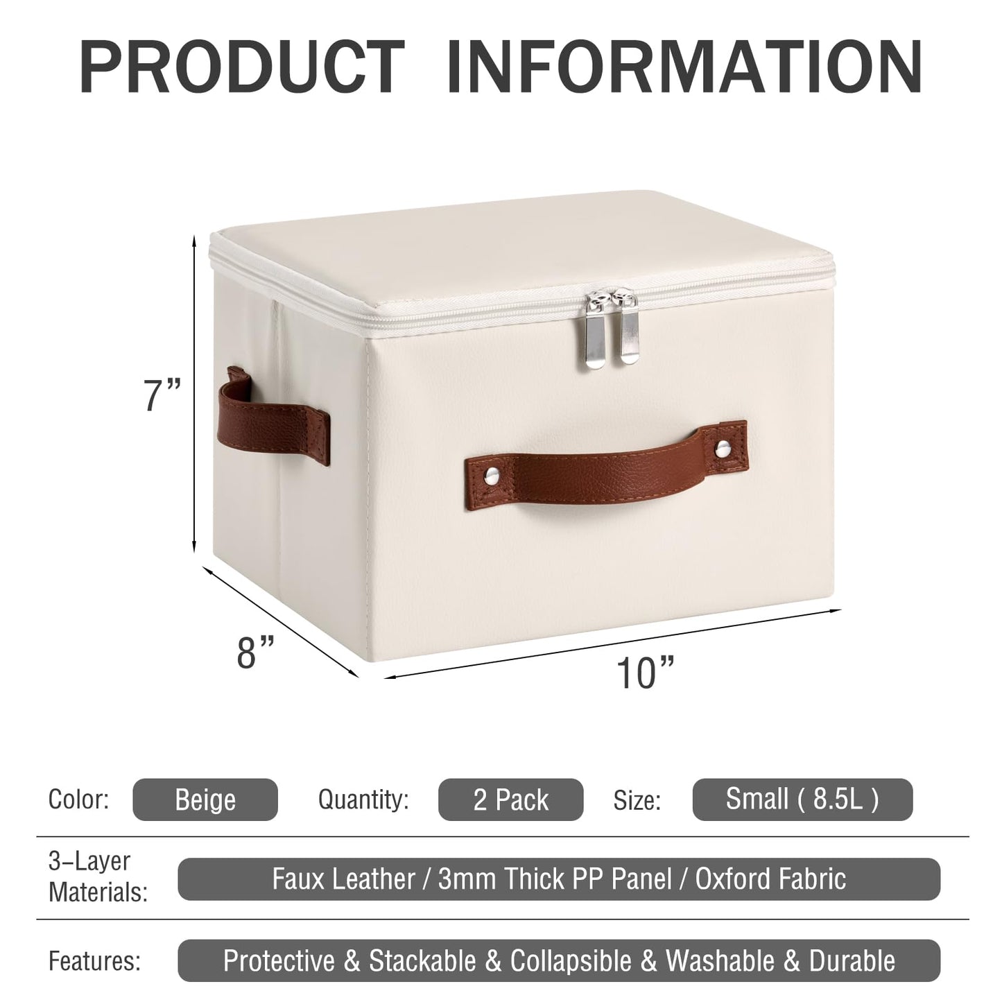 LOLUVIZCO 2PCS Storage Bins Box with Zippered Lid Decorative PU Leather Fabric Basket with Handles PP Plastic Board Foldable Washable Lidded Clothing Shelf Closet Organizer Container (Beige, Small)