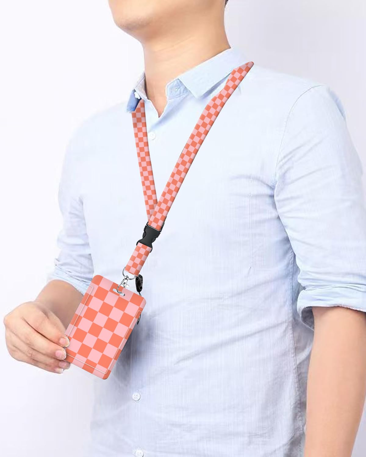 ID Badge Holder with Retractable and Detachable Lanyard, Cute Badge Reel Breakaway Lanyard with Carabiner Clip for Teachers, Nurses, Perfect Work and Office(Pink Red Checkerboard)