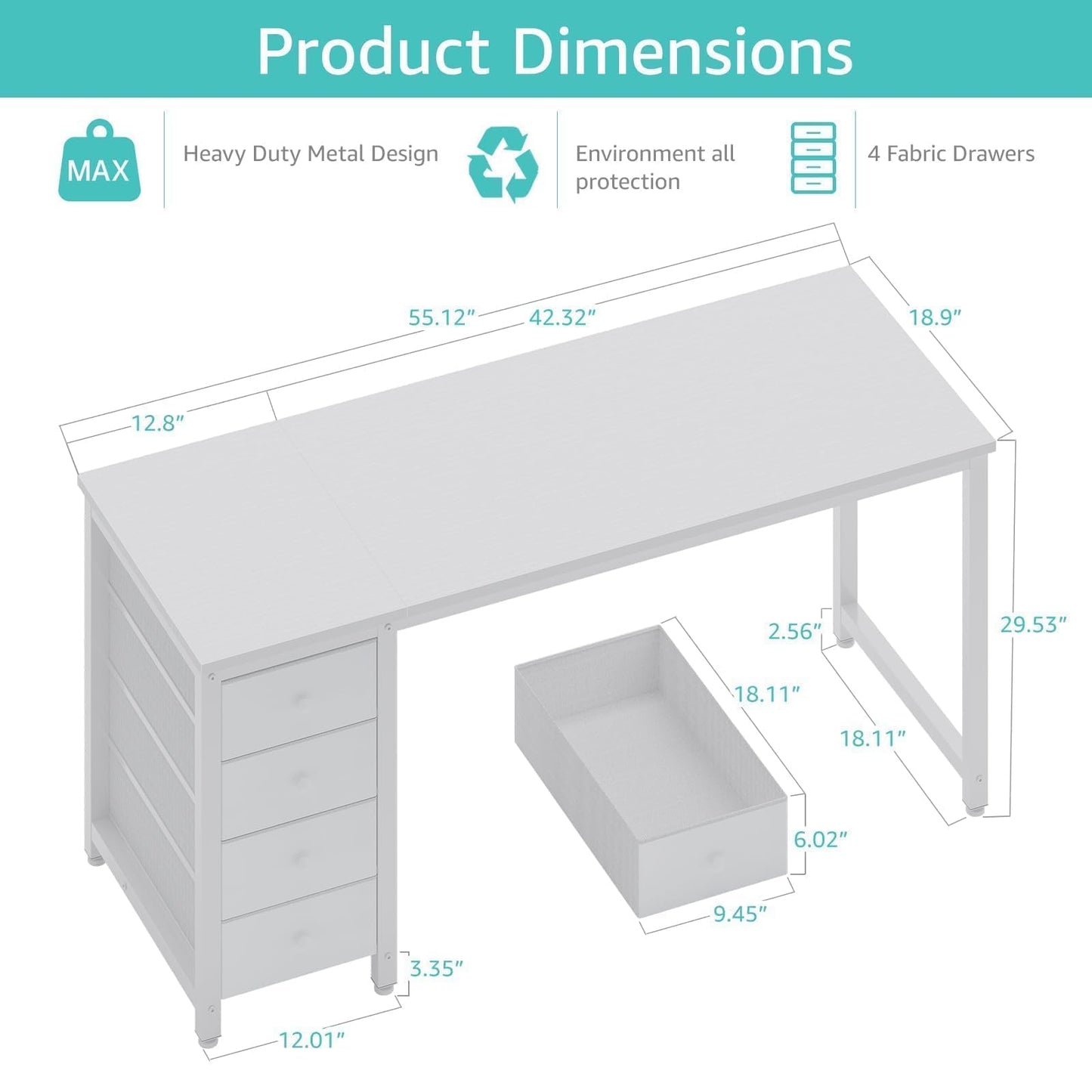 Lufeiya White Computer Desk with Drawers - 55 Inch Long Study Work Writing Desk for Home Office Bedroom, Reversible Simple Modern Cute PC Desks with Fabric Drawer, White