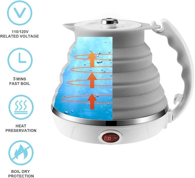 110V 555ML Ultrathin Travel Foldable Electric Kettle with Separable Power Cord and Handle, Boil Dry Protection, Food Grade Silicone