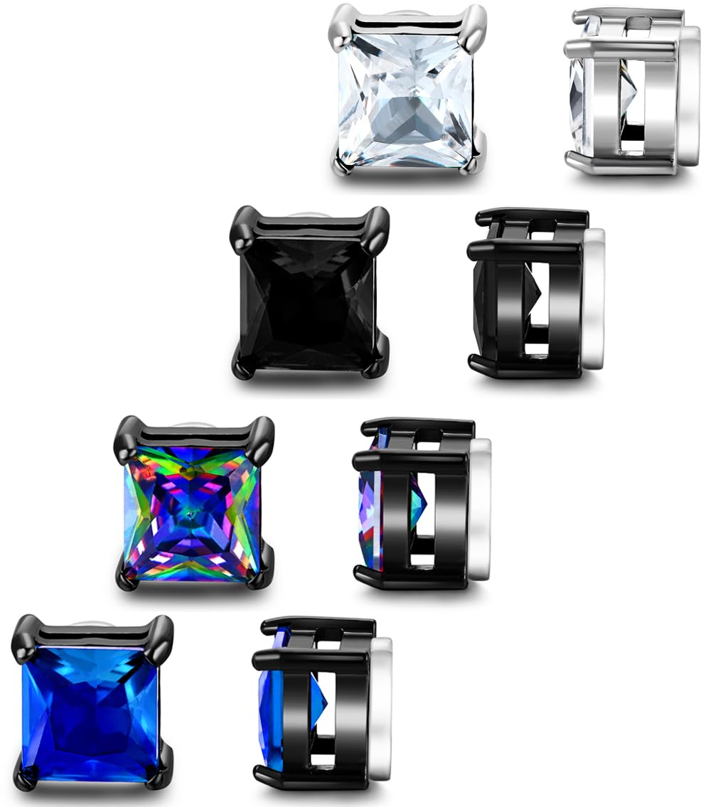 SIISPRI 4 Pairs Stainless Steel Magnetic Stud Earrings for Men Women Hypoallergenic Inlaid Cubic Zirconia Unisex Non-Piercing Clip On Stud Diamond Earrings Set