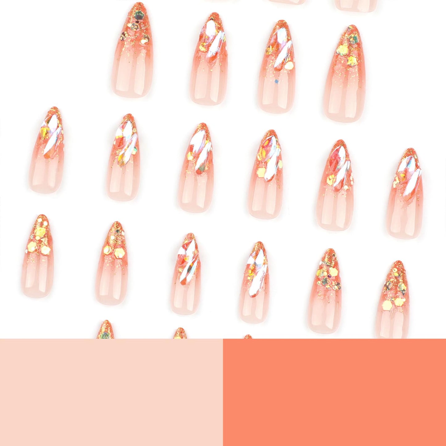 MISUD Press on Nails - Long Stiletto Glue on Nails with Orange Ombre, Acrylic Bling Glitter Rhinestone Design 24 pcs