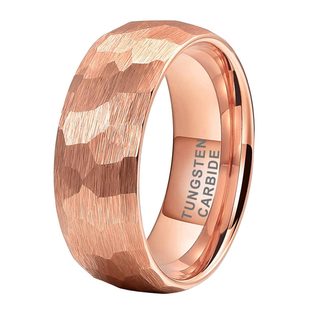 TUTISS 8mm Rose Gold Hammered Tungsten Rings for Men Women Engagement Wedding Bands Domed Matte Finish Comfort Fit Size 14