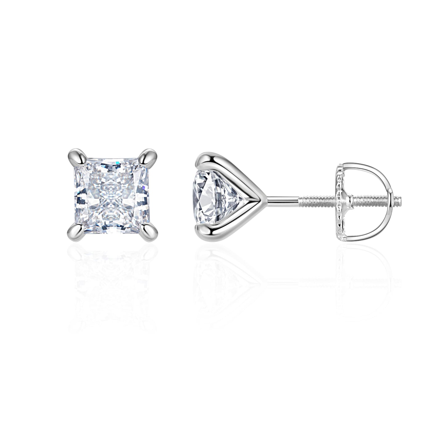 Lab-Grown Diamond Stud Earrings in Hypoallergenic 925 Sterling Silver, Screw Back, 1/5 to 2 1/2 Cttw, Round Princess Cushion Cut, 4 Prong, G-H Color, SI Clarity (Silver, 2.0 cttw (1.0ct each), White Princess Diamond)