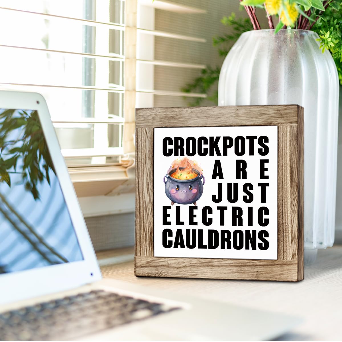 Funny Kitchen Sign, Crock Pots Are Just Electric Cauldrons, Kitchen Humor Signs, Freestanding Home Decor, Farmhouse Home Office Decoration 5.9x5.9 Inches