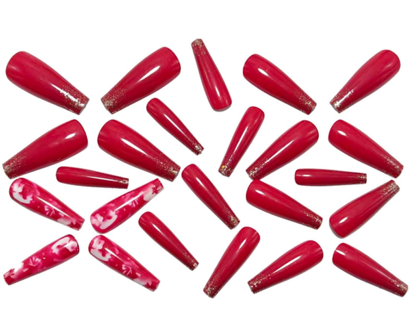 Chunmeng 24 Piece Long Ballet Armor Valentine's Day Rose Red Flower Sparkling Powder Detachable Nail Pressing Smooth, Fashionable Women's Artificial Nails Can Be Reusable