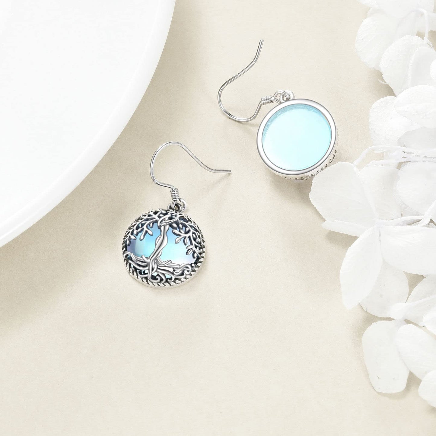 ONEFINITY Moonstone Tree of Life Sterling Silver Dangle Drop Earrings