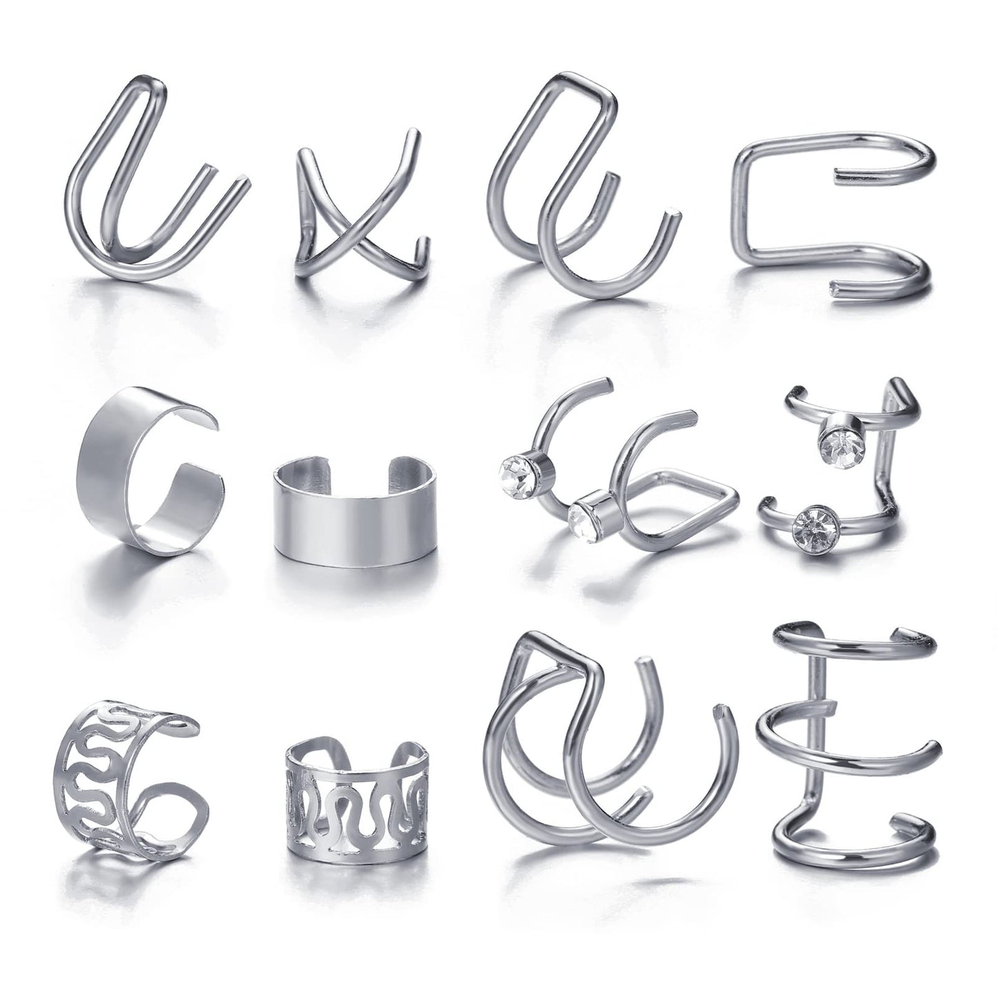 coadipress Ear Cuffs Earrings Set for Women Non-Piercing Stainless Steel Dainty Helix Cartilage Ear Clip On Wrap Earring Set Fake Nose Ring Non-Piercing Adjustable (Silver)