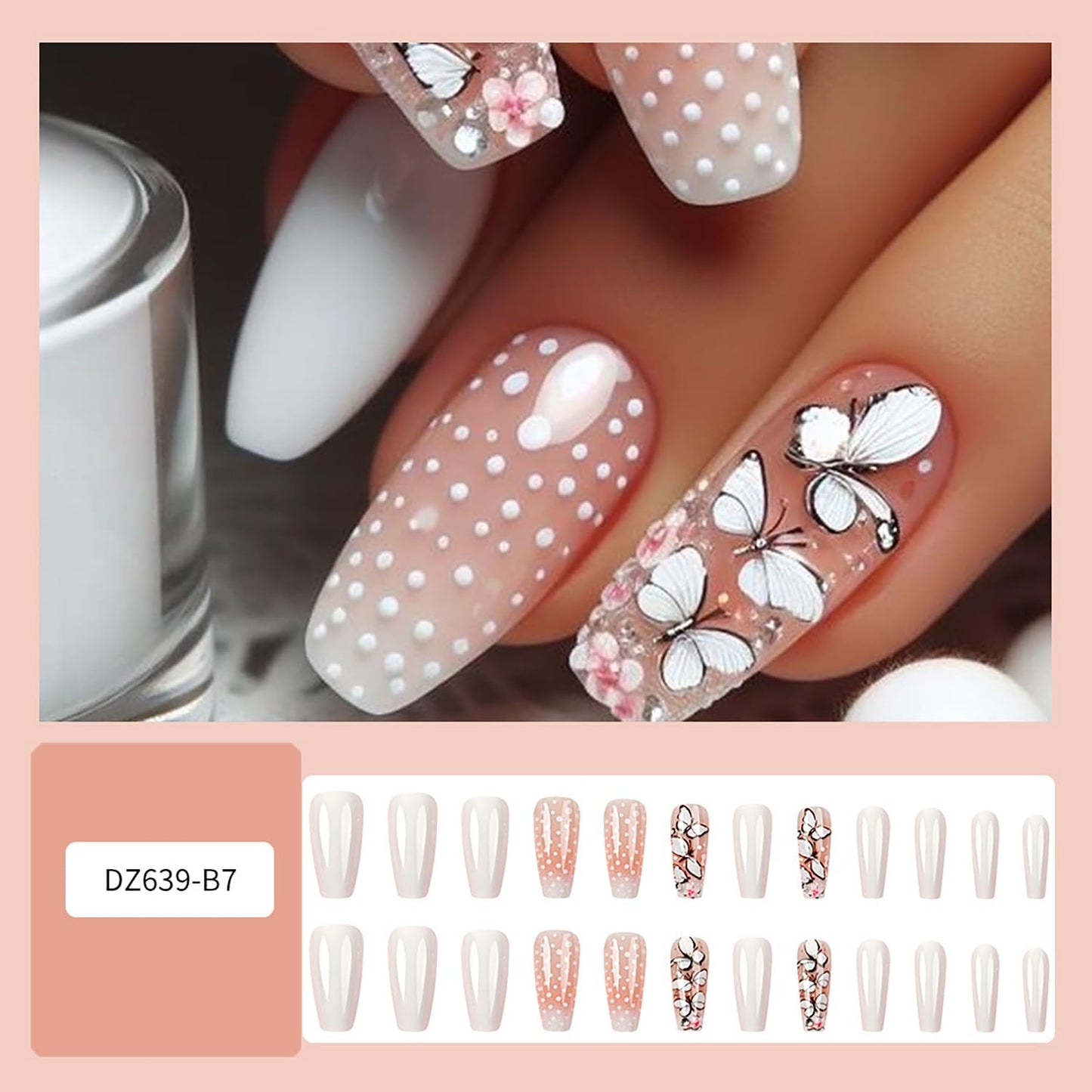 EYZOTSF Press on Nails Medium Square Shaped Acrylic Medium Square Shaped False Nails with Designs Artificial Short Coffin Fake Nails with Charms Glue ons Fingernails for Women Girls(DZ639)