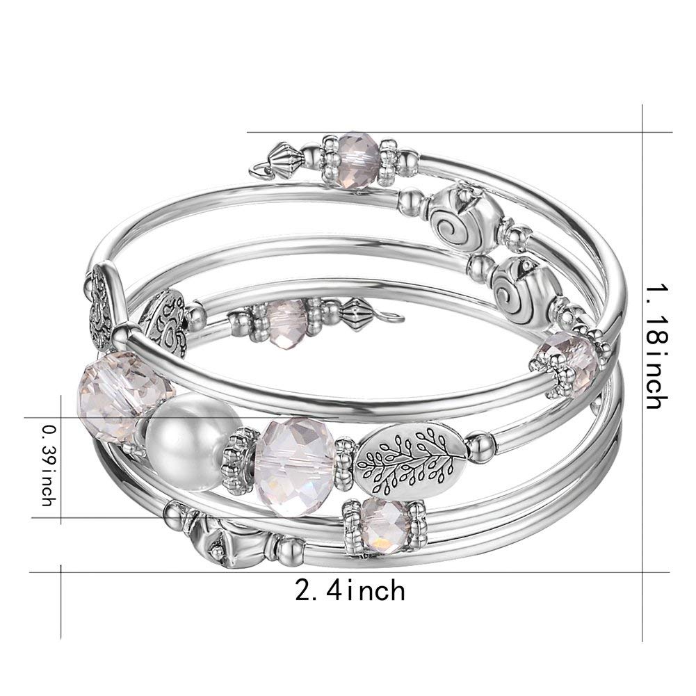 PEARL&CLUB Bead Crystal Wrap Bangle Bracelet - Fashion Jewelry Beaded Bracelet with Silver Metal, Gifts for Women(92-Grey)