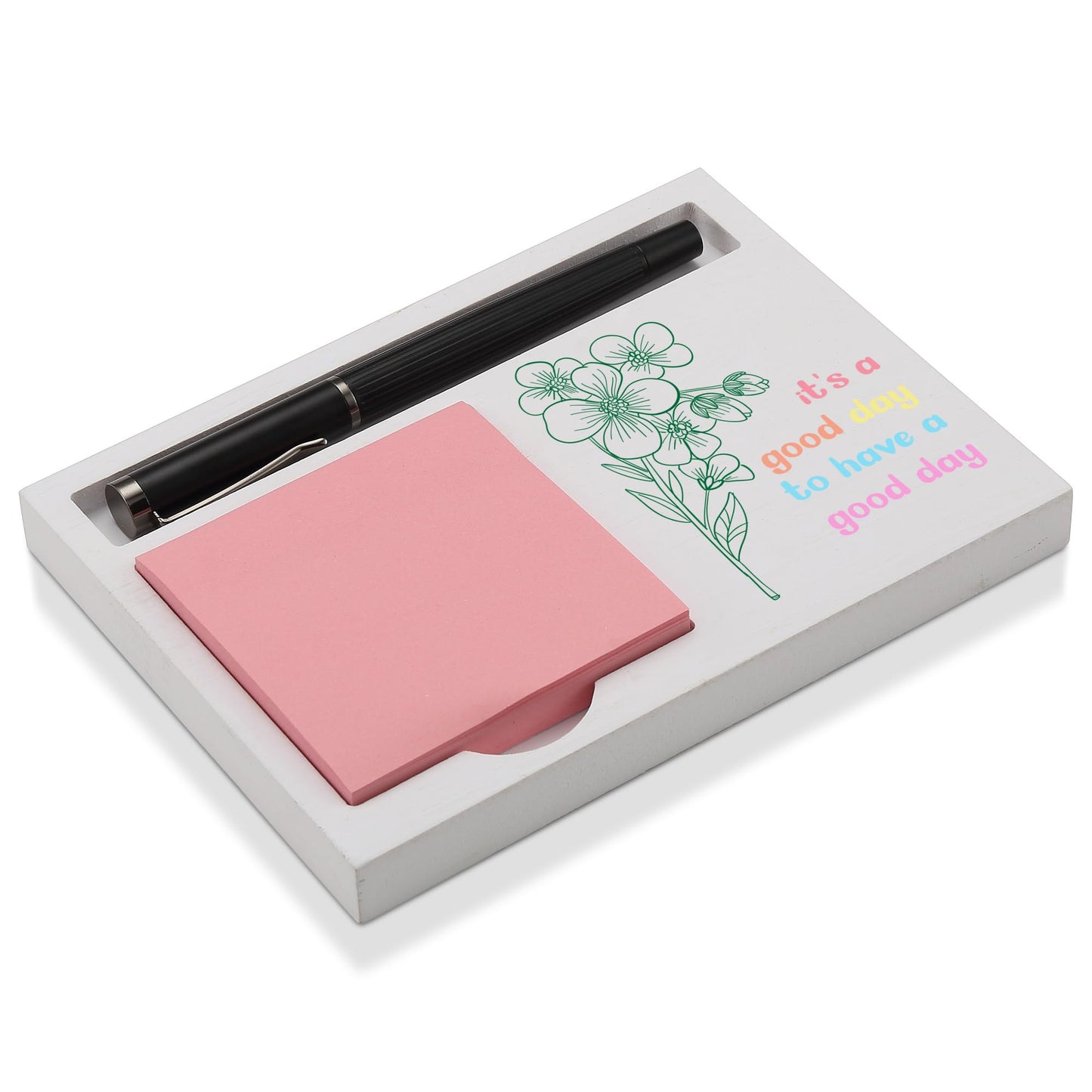 Inspirational Sticky Note Holder for Desk, White Wood Organizer for Pen and Memo Pads, Floral Desk Decor Gift for Women Men, Office Teacher Birthday Appreciation, NPB607