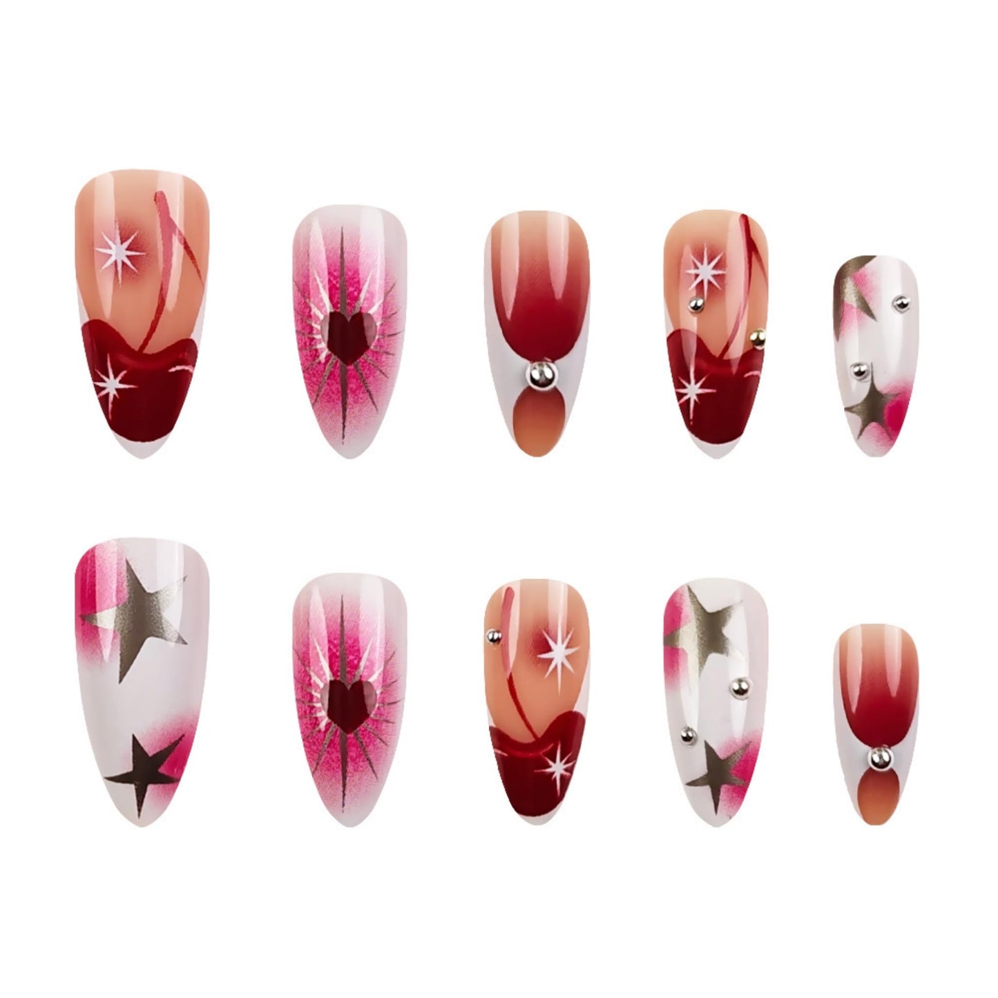 Almond Press on Nails Long Fake Nails Red Acrylic Nail Press ons Seeneey Heart and Silver Stars Designs Stick on Nail for Women 24pcs