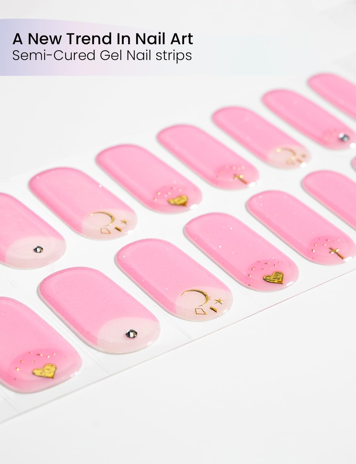 Oauee Semi Cured Gel Nail Strips | Built-In Gel Top Coat | UV Light Required | Salon Quality, Easy Application And Removal (Pink Elegance）