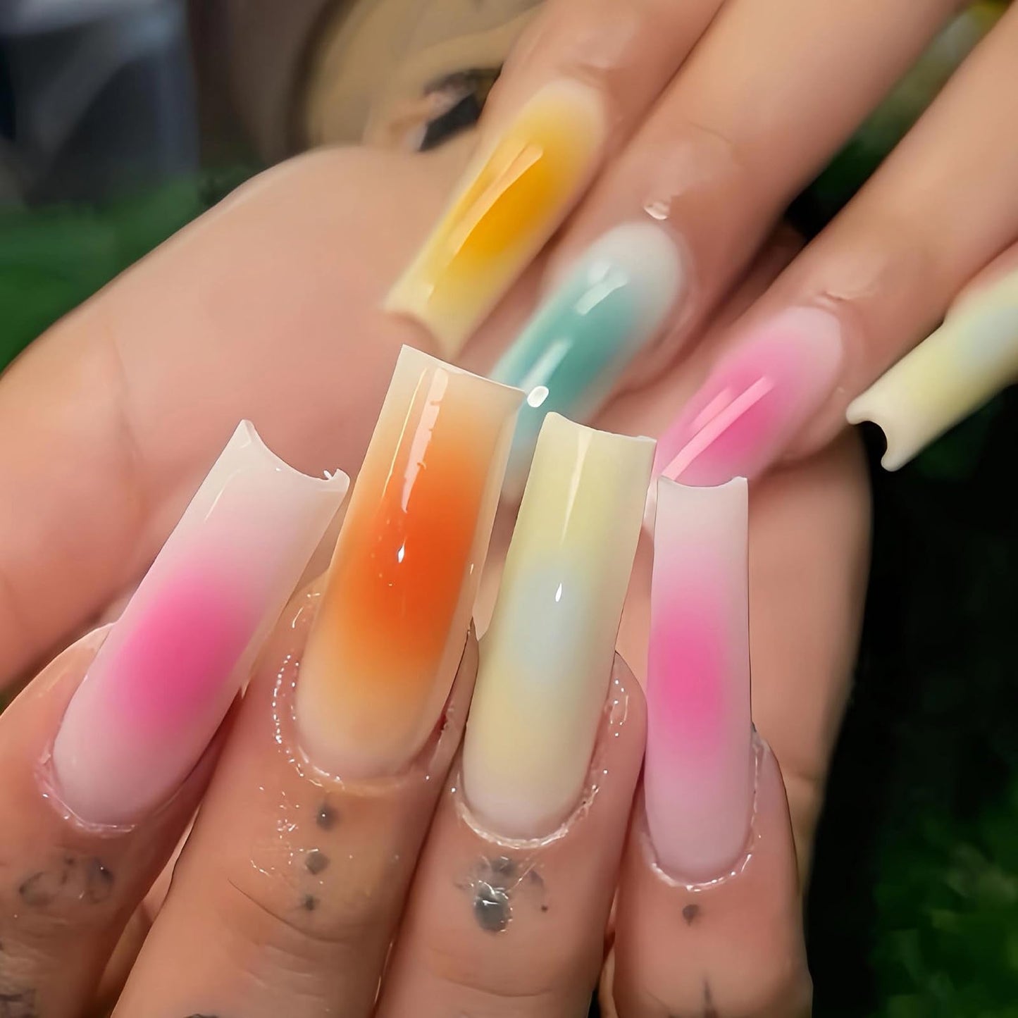 MISUD Press on Nails - Long Square Fake Nails with Summer Colorful, Acrylic Rainbow Ombre Design 24 pcs