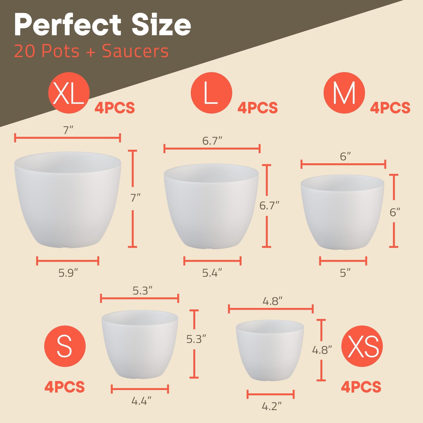 Campior Plastic Plant Pots with Drainage - Home Decor Flower Pot, Stackable Design for Indoor & Outdoor Use, Lightweight and Sturdy, Space-Saving, (7”, 6.6”, 6”, 5.3”, 4.8” Inches), Pack of 20, White