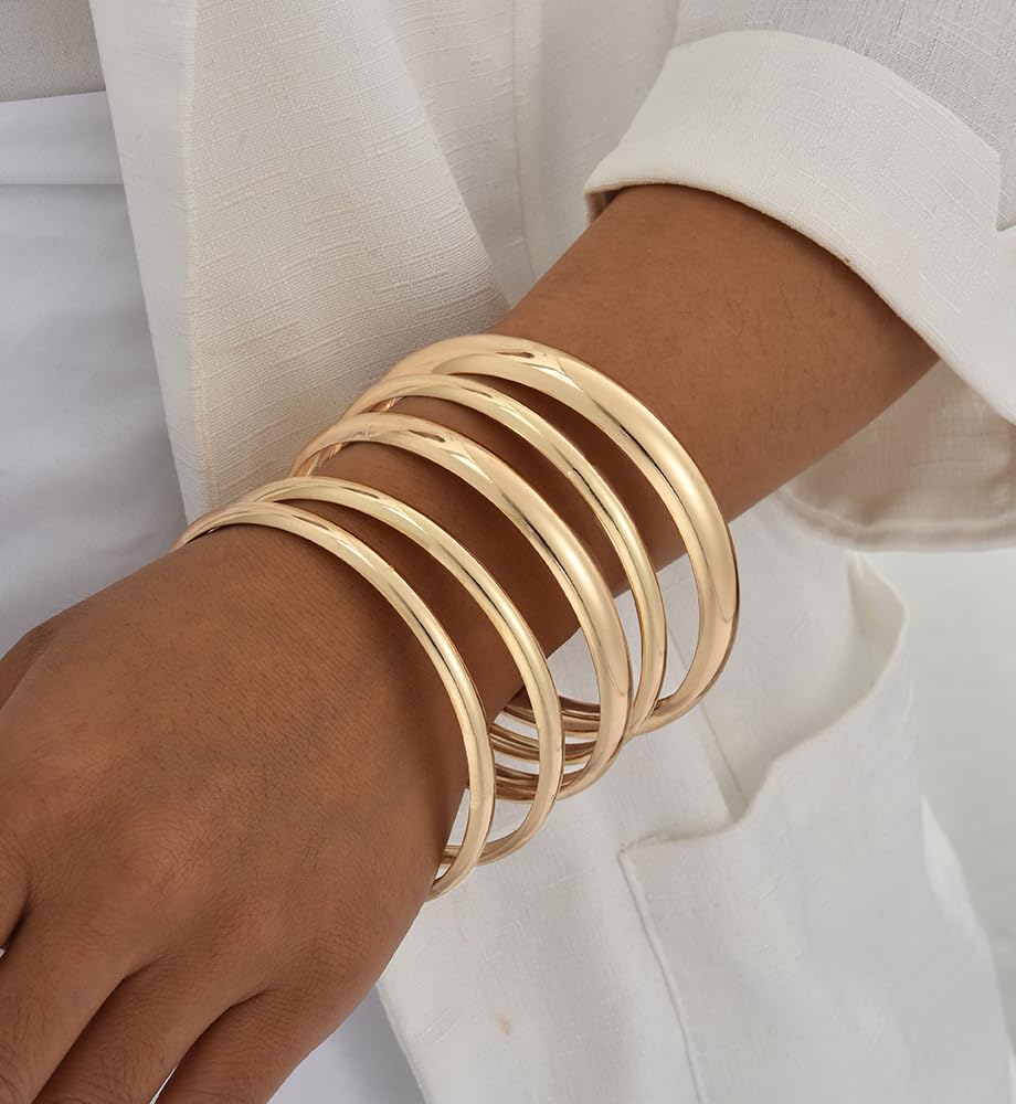 Thin Gold Bangle Bracelets for Women, Dainty 14k Gold Plated Big Stackable Bangles Set, Trendy African Bracelet Stack Fashion Jewelry Gifts (5 Gold african bangles)