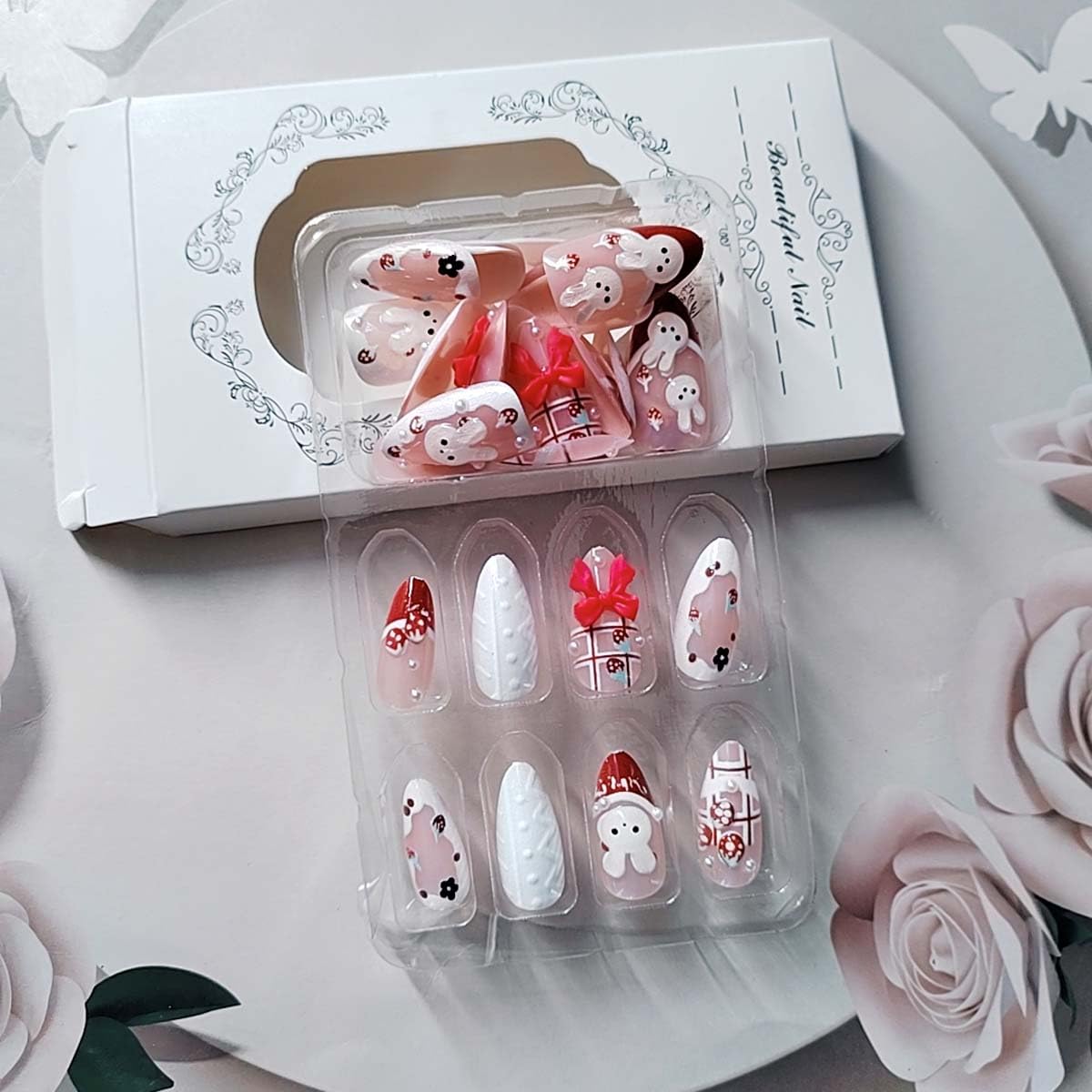LINMEIZAI 30 Pcs Cute Press on Nails Short Almond Pink Fake Nails Press ons Nail Tips Glossy Stick on Nails Acrylic Nail Kit with Spring 3D Bunny & Strawberry Design False Nails Nail Art for Women