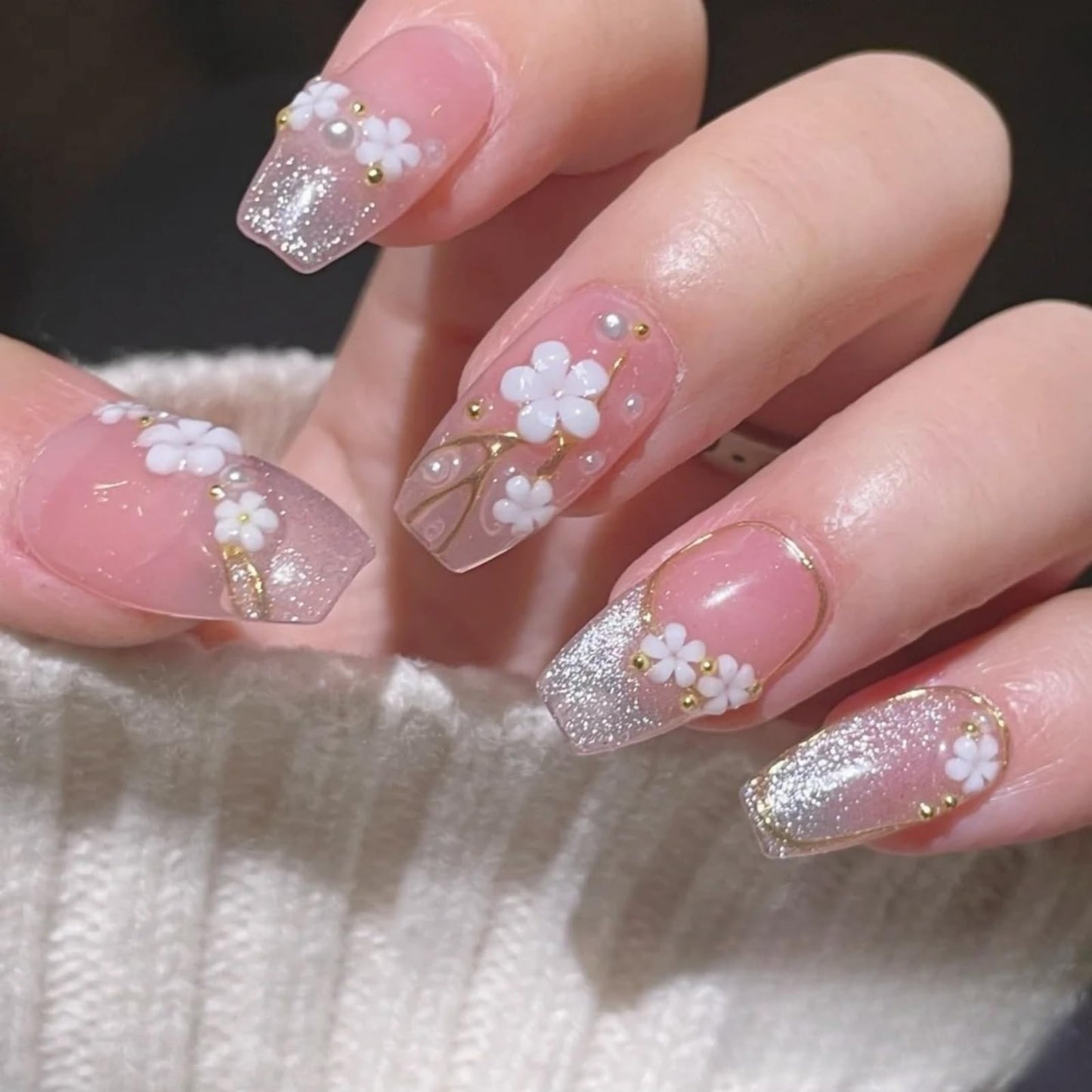 NLSJMP,10Pcs,Size M,3D Handmade Press on Nails Medium Length Acrylic Fake Nails Kit,Glitter Flower Design Nail Art Kit,Include Toolkit,Reusable False nails,WHITE