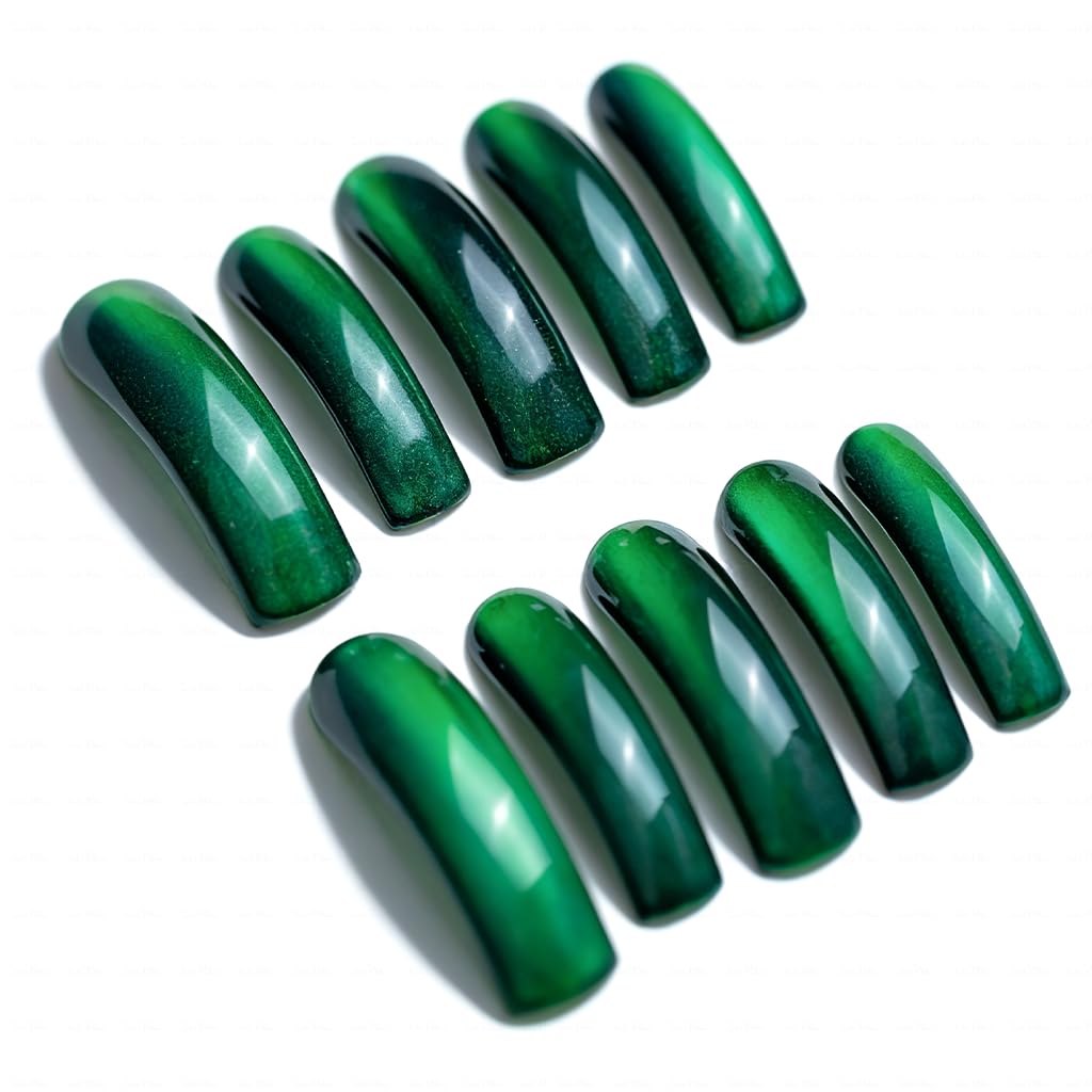 IntoVibes Emerald Green Chrome Press On Nails XL Handmade Curved Down Groove Style, Metallic Cat-Eye Effect Long Nails, Reusable Fake Nail Tips for Parties and Events, Square Acrylic Nails (L)