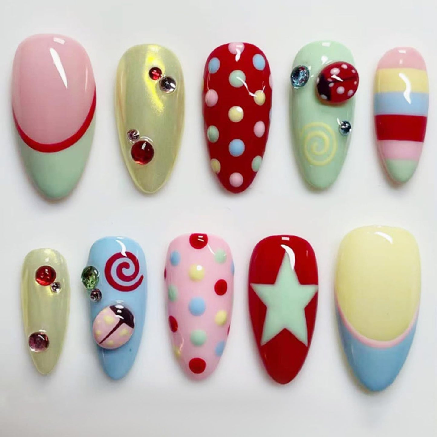 IMRAIN Press on Nails Medium Almond Fake Nails Colorful Acrylic Nail Kit - Polka Dot, Ladybug, Star Designs | Artificial Glossy Glue on False Nails Cute DIY Nail Art