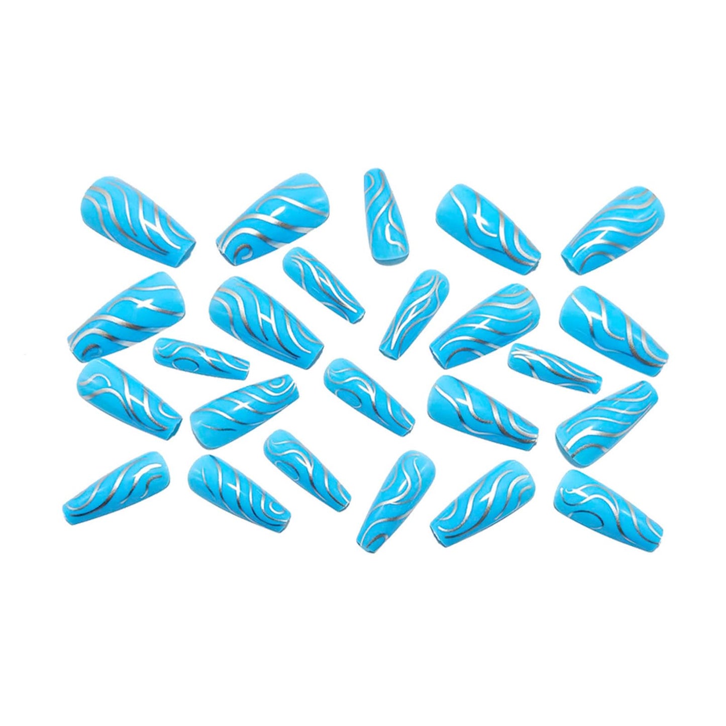 Medium Press on Nails Coffin Fake Nails with Silver Lines Designs Glossy Nails Press ons Blue Full Cover Glue on Nails Acrylic Artificial Stick on Nails for Women 24Pcs
