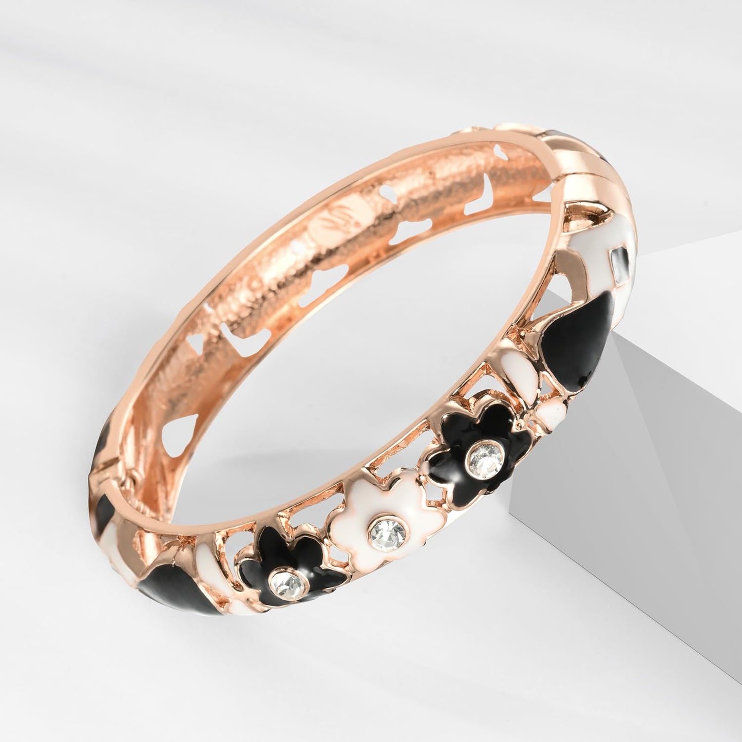 UJOY Vintage Cloisonne Bracelet Beautiful Flower Enamel Hinge Plated Rose Bangles Jewelry for Women's Gifts 88A18 3pcs Black