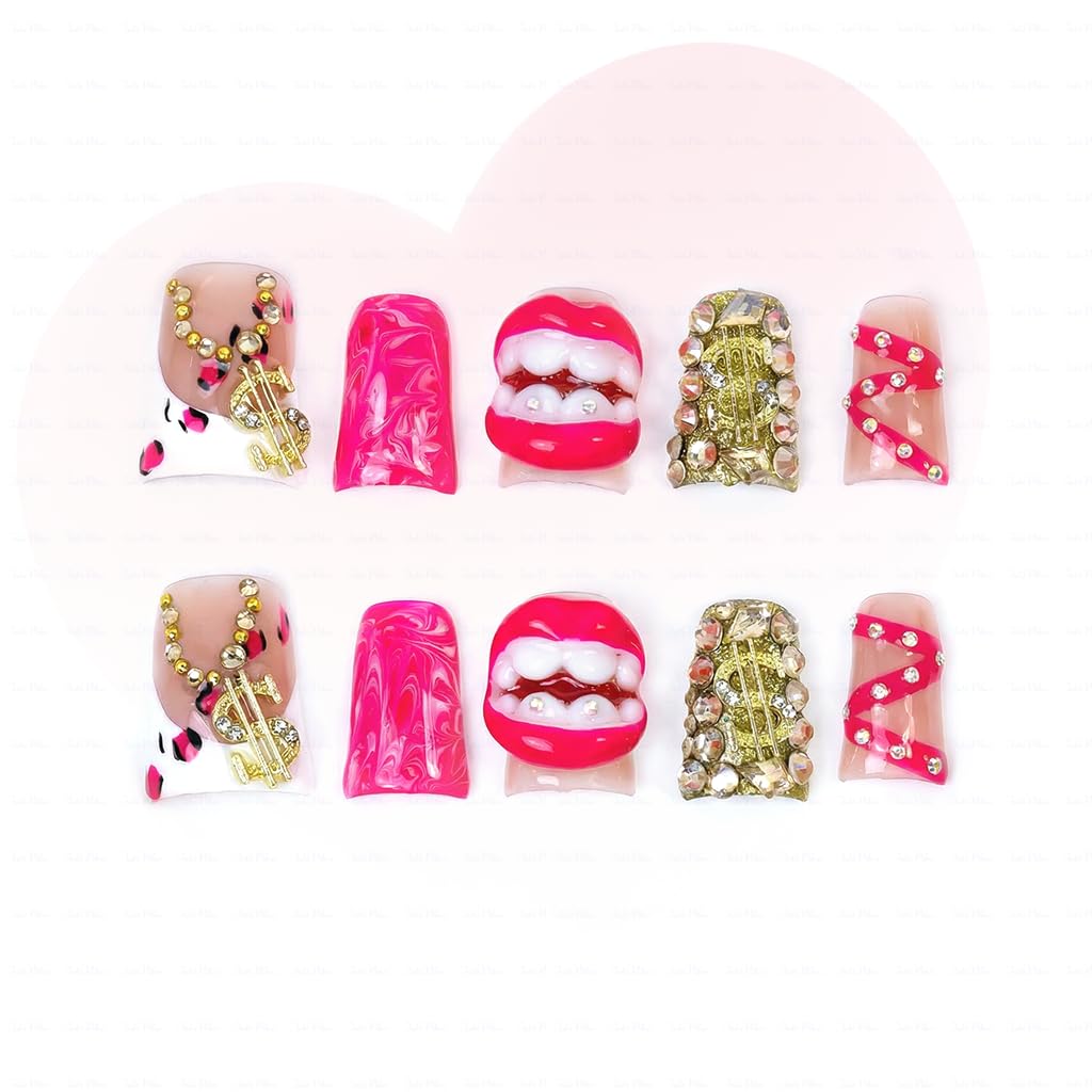 IntoVibes 10 Pieces Luxury Acrylic Press On Nails Short Handmade Duck Nails, Pink Thickened False French Nails, Exaggerated Red Lips And The Dollar Sign, Reusable Fake Nails, Acrylic Nails (L)