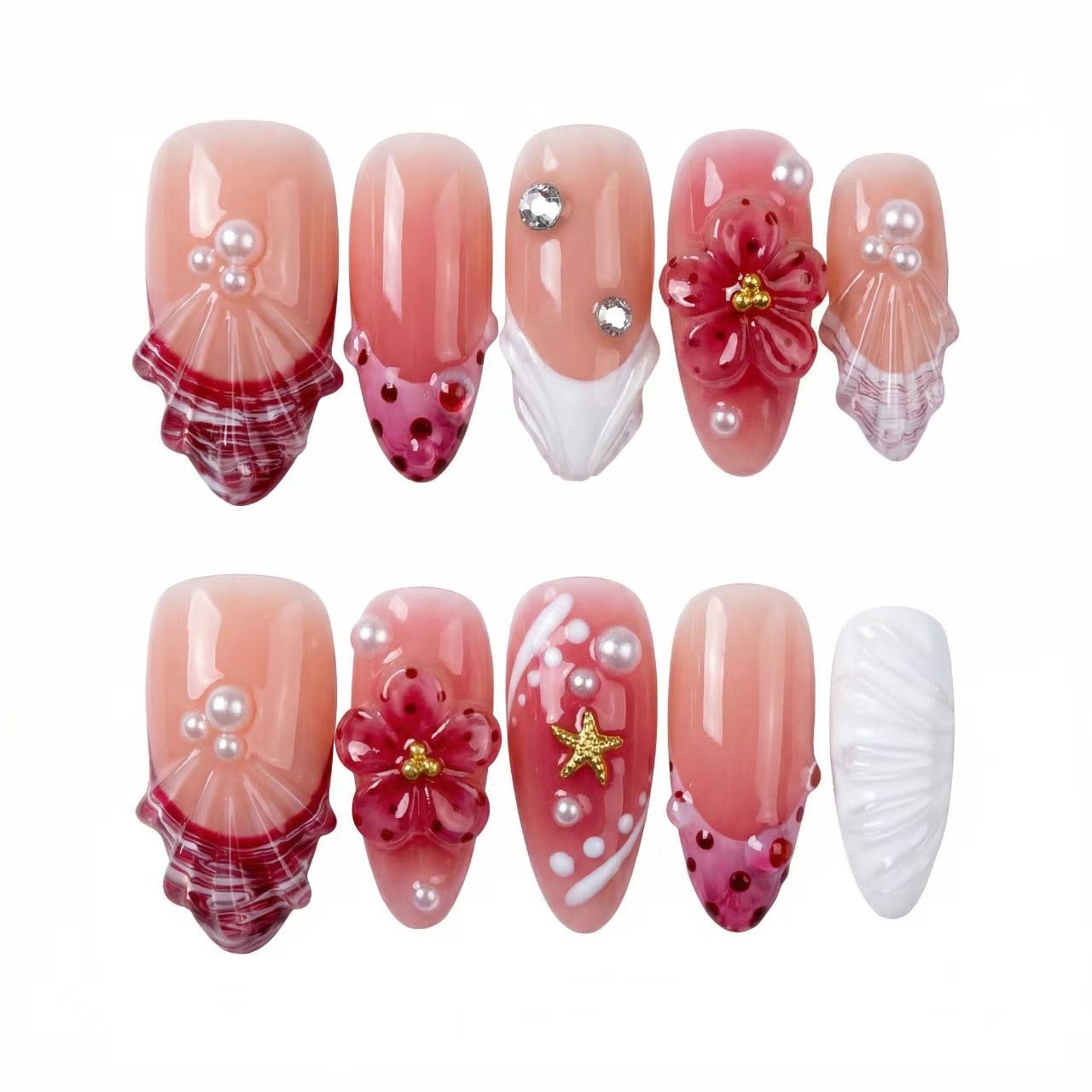 Haozerart Luxury Handmade Press On Nails - Medium Almond Fake Nails French Style With Red 3D Floral And Raised Shell Accents Salon Quality Reusable Nails For Women 10PCS Size M