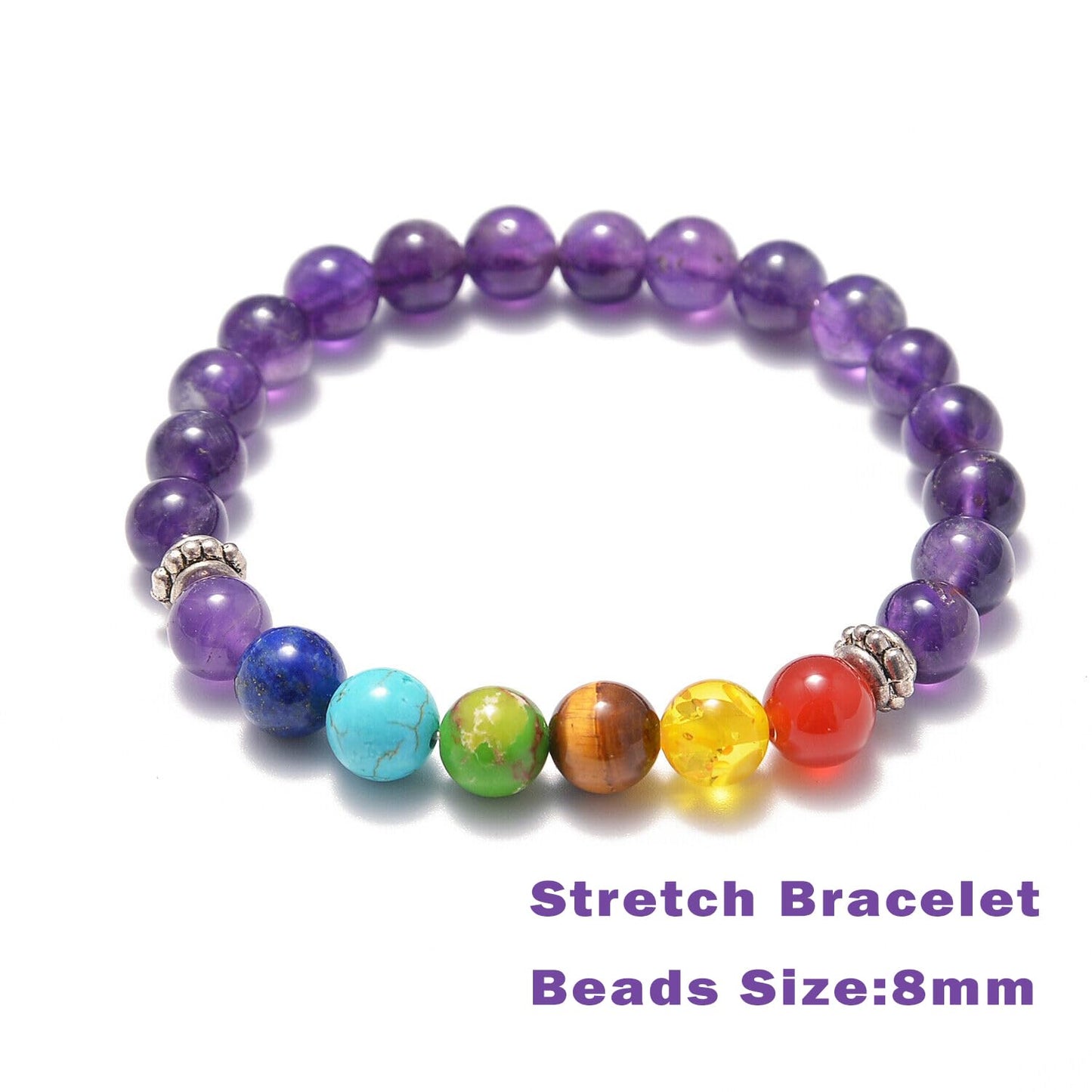 AD Beads 2Pcs His & Hers Distance Beads Bracelets Elastic Natural Stone Yoga Bracelet (7 Chakras-Amethyst)