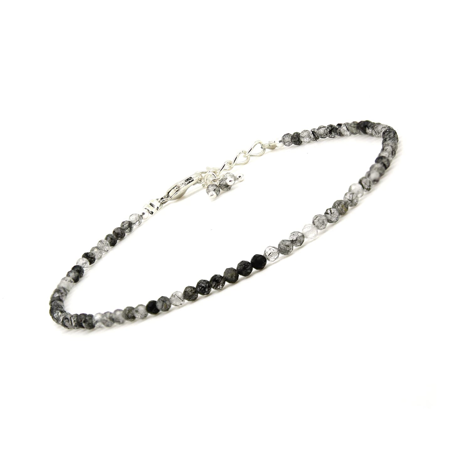 Gempires Handmade Black Rutilated Quartz Gemstone Beaded Bracelet for Women | 2.4–2.5 mm Faceted Natural Stone | Adjustable 7+1 Inch Silver Plated Chain | Dainty Minimalist Stacking Jewelry | Unique Crystal Gift