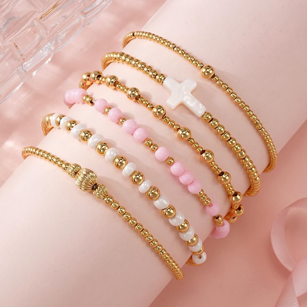 Bohxantium 14K Gold Beaded Bracelets for Women Boho Colorful Gold Beads Ball Stackable Stretch Christian Cross Bracelet Stack Waterproof Trendy Non Tarnish Jewelry Accessories Friendship Gift
