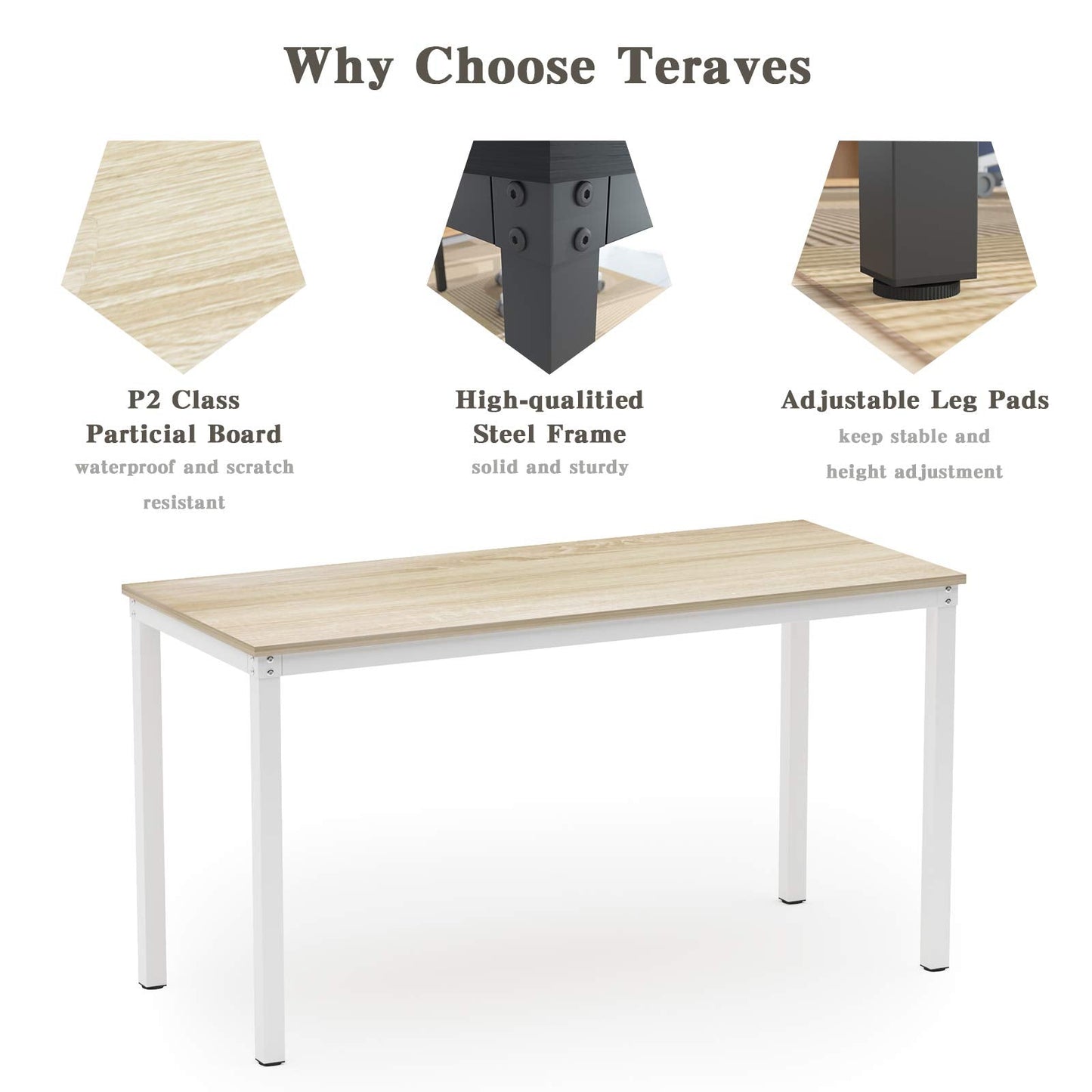 Teraves Computer Desk/Dining Table Office Desk Sturdy Writing Workstation for Home Office (47.24”, Beige + White Frame)