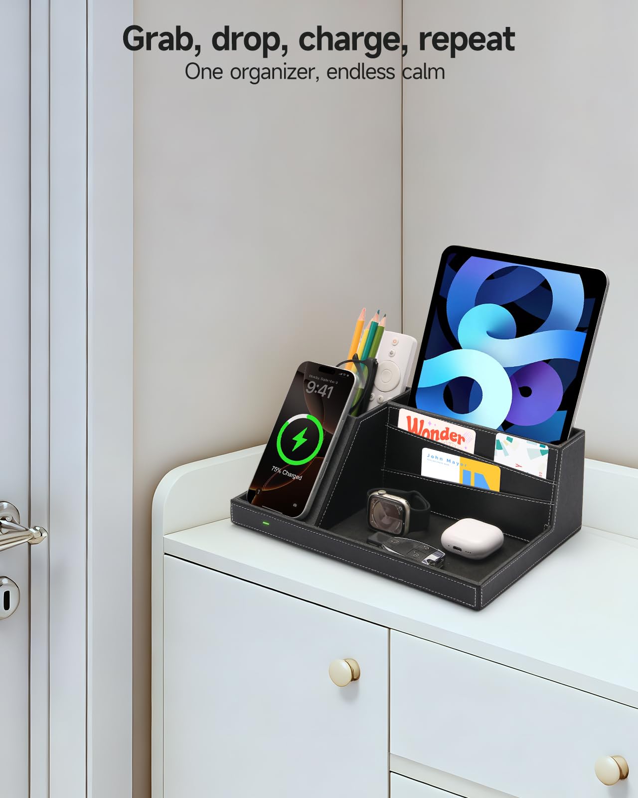 Fast Wireless Charging Station with Desk Organizer for iPhone 17/16/15/15 Pro/14/14 Pro Max/14 Pro/14 Plus/13/13 Pro Max/13 Pro/and iPhone 12/11 Series, Nightstand Desktop Organizer for Home Office