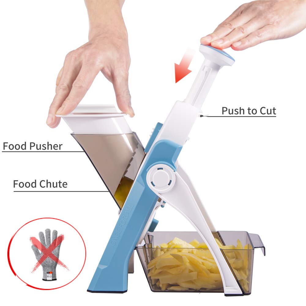 ONCE FOR ALL Safe Mandoline Slicer 5 in 1 Vegetable Cutter, Strips Julienne Dicer Adjustable Thickness 0.1-8 mm for Kitench Fast Meal Prep (Light Blue)