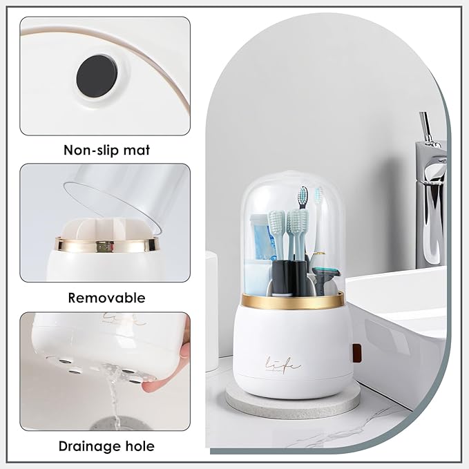 EXIN DECHEN Toothbrush Holders with Cover for Bathrooms, 360° Rotating 7-Slot Draining Water for Placing Kids Electric Toothbrushes,Toothpaste,Razors,Bathroom Counter Dresser Vanity Organizer(White)
