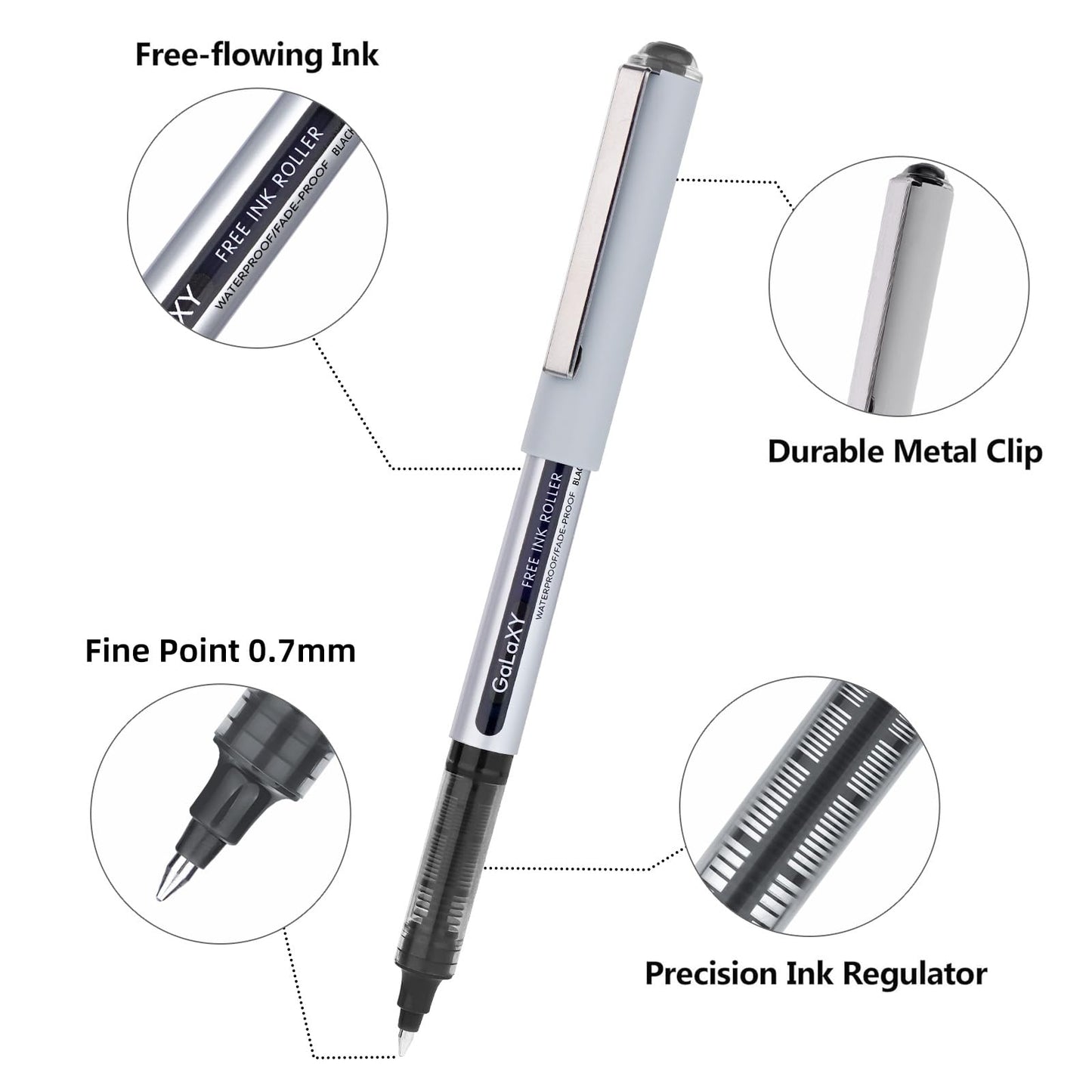 EYEYE Black Rollerball Pens 12 Pack 0.7mm Medium Point Fine Tip Pens Quick Dry Liquid Ink Pens Smooth Writing Pens for Journaling Note Taking Office School Supplies