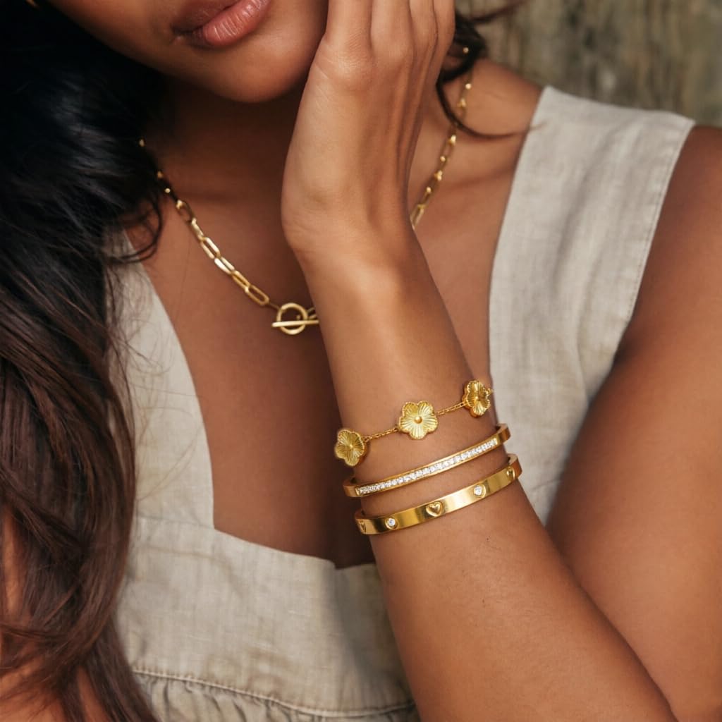 Acnode Gold Clover Bracelets for Women - Stackable Stainless Steel Nail Bracelet, Friendship & Love Bangle - Trendy Jewelry Set, Ideal Birthday Gift (Gold 3PCS)