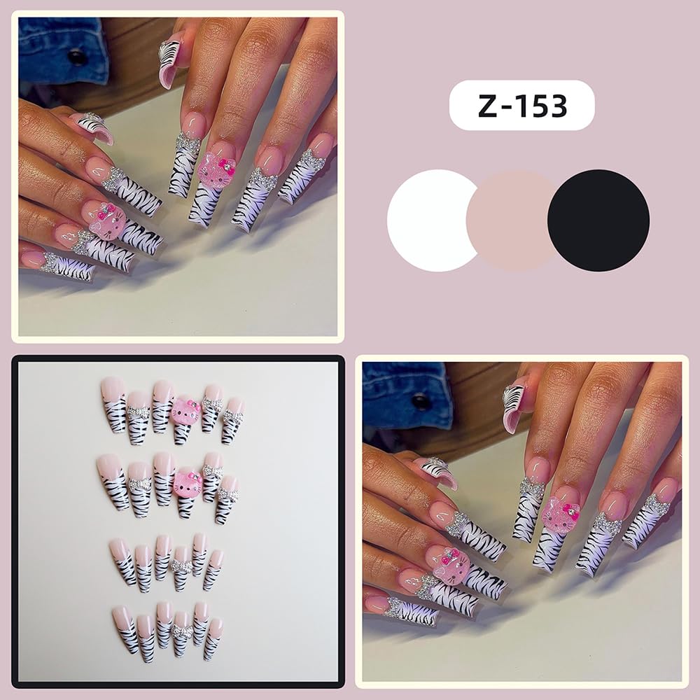 Leopard Print Press on Nails Cute Fake Nails with Charms Long Coffin Nails Supply Full Cover False Nails for Women 24 Pcs Coffin Nails Press on Nails Leopard Print Fake Nails