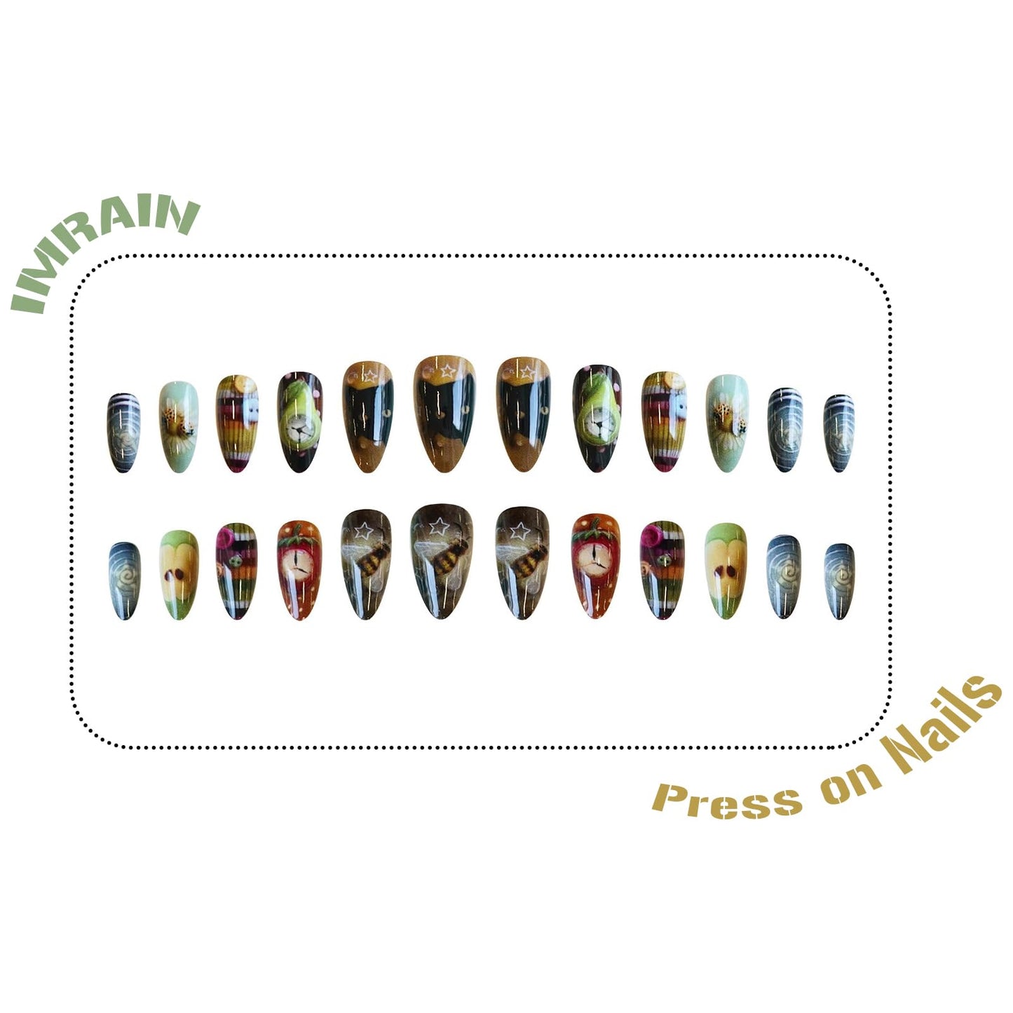 IMRAIN Press on Nails Medium Almond Fake Nails Glossy Acrylic False Nails with Cute Pattern Design Y2K Glue Stick on Nails for Women Girls 24Pcs