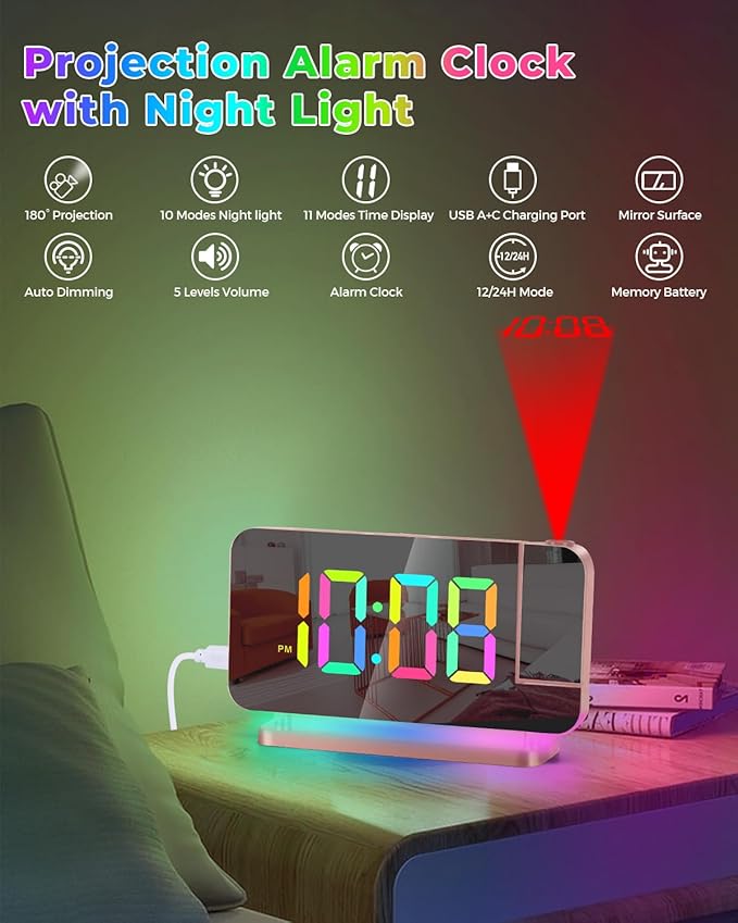 SZELAM Projection Alarm Clock,7.4 in LED Mirror Digital Clocks Projection on Ceiling Wall,with RGB Night Light,USB C Charging Port,Auto Dimming,Modern Desk Clock for Bedroom Decor - Rose Gold