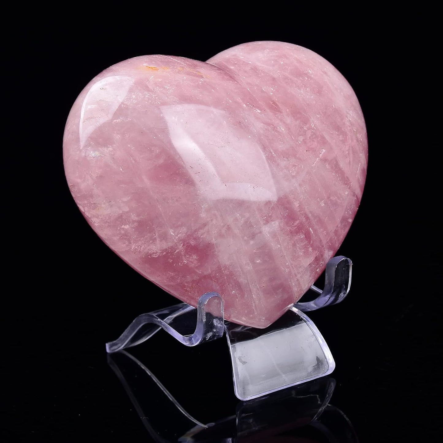 JIC Gem Heart Shaped Rose Quartz Crystal Healing Stone Large Pocket Palm Worry Stone with Display Stand Chakra Reiki Balancing 2.9"-3.3"